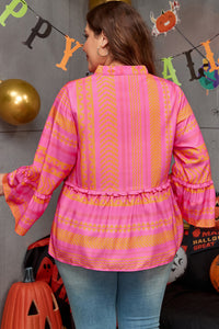 Online Vitality Orange Plus Size Geometric Printed Bell Sleeve Babydoll Blouse