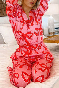 Online Pink 2pcs Bow Print Shirt Style Long Sleeve Pajama Set