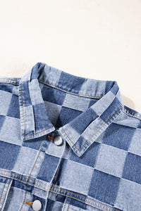 Online Black Checkered Patchwork Button up Denim Jacket