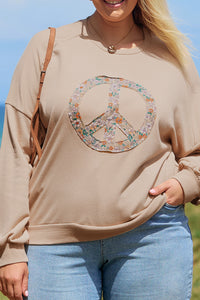 Online Pale Khaki Floral Peace Sign Graphic Washed Terry Plus Size Sweatshirt