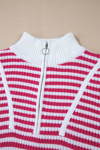 Online Pink Stripe Zip up Collar Drop Shoulder Sweater