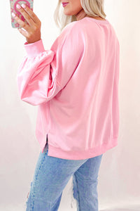 Online Light Pink Embroidered Bow Lantern Sleeve Oversized Pullover Sweatshirt