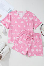 Load image into Gallery viewer, Online Pink Waffle Knit Bowknot Printed V Neck T Shirt and Shorts Set
