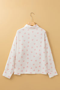 White Love Heart Print Drop Shoulder Puff Sleeve Shirt