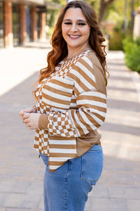 Online Khaki Striped Checkered Mixed Print Chest Pocket Casual Plus Size Top