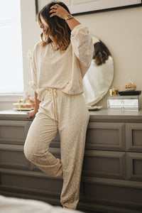 White Cheetah Print Two Piece Loose Fit Cozy Loungewear