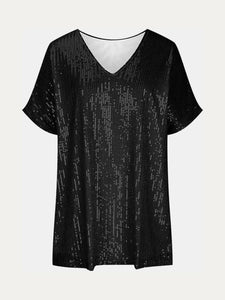 Black Full Size Sequin V-Neck Short Sleeve Top