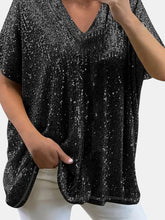 Load image into Gallery viewer, Black Full Size Sequin V-Neck Short Sleeve Top
