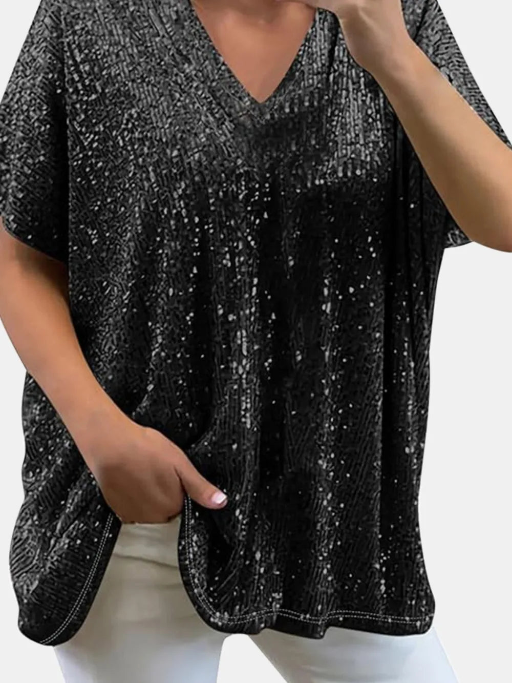 Black Full Size Sequin V-Neck Short Sleeve Top