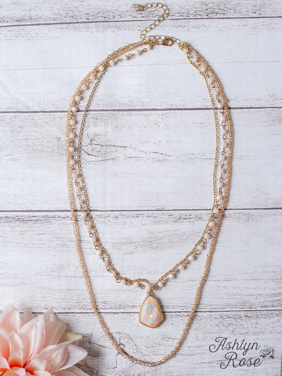 CHEERS TO FOREVER IRIDESCENT STONE PENDANT PASTEL PINK LAYERED NECKLACE