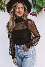 Load image into Gallery viewer, Black Sheer Dotty Long Sleeve Ribbed Velvet Bodysuit
