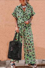 Load image into Gallery viewer, Green Leopard Print Short Sleeve Shirt and Wide Leg Pants Set
