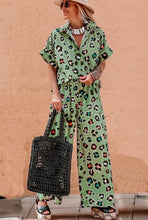 Load image into Gallery viewer, Green Leopard Print Short Sleeve Shirt and Wide Leg Pants Set
