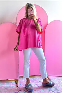 Bright Pink Patched Pocket Exposed Seam Oversize T-Shirt