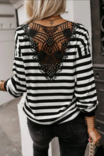 Load image into Gallery viewer, Black Stripe Crochet Hollow-out Back Buttoned Shoulder V Neck Top
