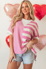 Load image into Gallery viewer, Pink Stripe Patchwork Texture Short Sleeve High Low Loose Top

