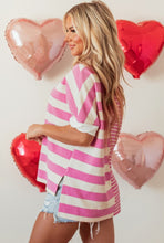 Load image into Gallery viewer, Pink Stripe Patchwork Texture Short Sleeve High Low Loose Top
