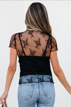 Load image into Gallery viewer, Black Floral Sheer Mesh Short Sleeve Mock Neck Blouse

