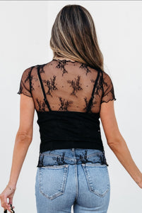 Black Floral Sheer Mesh Short Sleeve Mock Neck Blouse