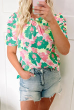Load image into Gallery viewer, Green Abstract Print Frilly Neck Ruched Short Sleeve Blouse
