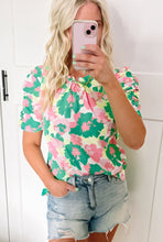 Load image into Gallery viewer, Green Abstract Print Frilly Neck Ruched Short Sleeve Blouse
