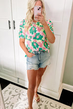 Load image into Gallery viewer, Green Abstract Print Frilly Neck Ruched Short Sleeve Blouse
