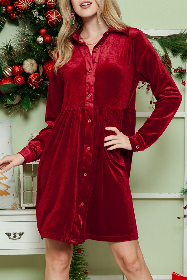 Fiery Red Long Sleeve Ruffle Velvet Button Up Dress