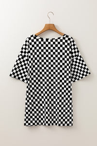 Online Black Checkered Print Side Slits O Neck Plus Size T Shirt