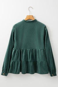 Online Burgundy Corduroy Ruffle Tiered Buttoned O Neck Shirt