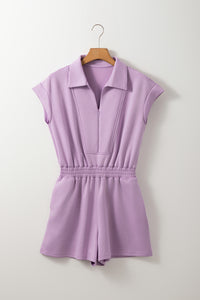 Online Orchid Bouquet Short Sleeve Zipper Collared Elastic High Waist Romper
