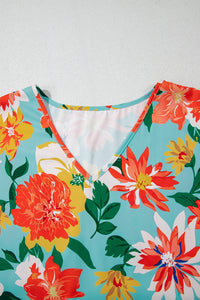 Online Sky Blue Plus Size Floral Print V Neck Batwing Sleeve Blouse