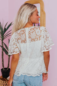 Online White Short Sleeve Scalloped Floral Lace Peplum Blouse