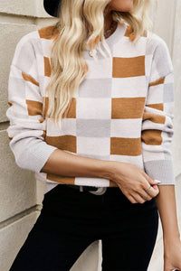 Online Pink Checkered Ribbed Edge O Neck Drop Shoulder Sweater