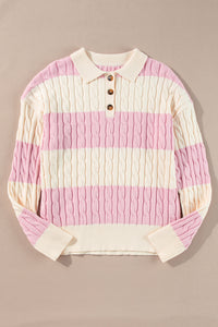 Online Pink Stripe Cable Knit Collared Henley Sweater