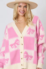 Load image into Gallery viewer, Online Pink Bowknot Checkered Pattern V Neck Drop Shoulder Button Up Cardigan
