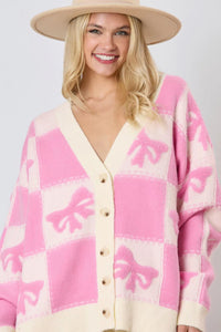 Online Pink Bowknot Checkered Pattern V Neck Drop Shoulder Button Up Cardigan