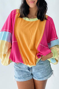 Online Rose Red Plus Size Colorblock Patchwork Exposed Seam Sweatshirt