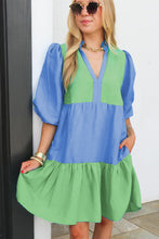 Load image into Gallery viewer, Online Dark Blue Colorblock Frilled V Neck Puff Half Sleeve Shift Dress
