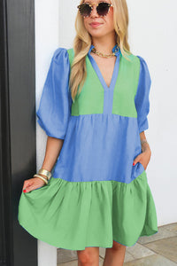 Online Dark Blue Colorblock Frilled V Neck Puff Half Sleeve Shift Dress