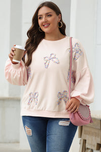 Online Light Pink Embroidered Bow Lantern Sleeve Oversized Pullover Sweatshirt