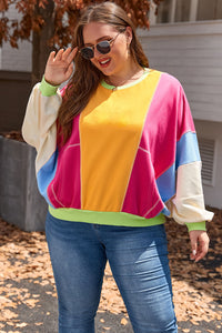 Online Rose Red Plus Size Colorblock Patchwork Exposed Seam Sweatshirt