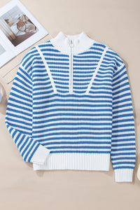 Online Pink Stripe Zip up Collar Drop Shoulder Sweater
