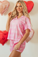 Load image into Gallery viewer, Online Pink Waffle Knit Bowknot Printed V Neck T Shirt and Shorts Set
