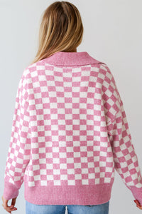 Online Apricot Checkered Buttons Collar V Neck Drop Shoulder Sweater