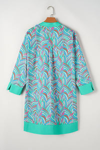 Online Green Plus Size Palm Pattern Long Sleeve Shift Dress