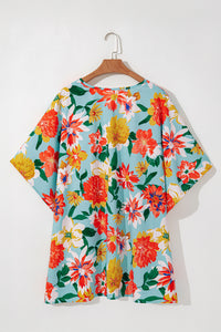 Online Sky Blue Plus Size Floral Print V Neck Batwing Sleeve Blouse
