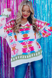 Online White Oversize Aztec Print High Low V Neck Sweater