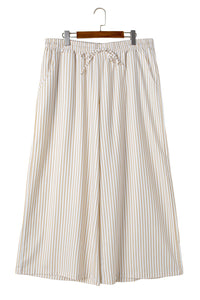 Online Khaki Stripe Plus Size Drawstring High Waist Wide Leg Pants