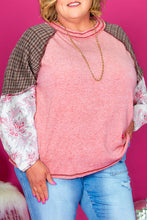 Load image into Gallery viewer, Online Pink Checkered Paisley Patchwork Raglan Sleeve Seamed Plus Size Top
