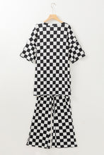 Load image into Gallery viewer, Online Black Checkered Print Half Sleeve Tunic Top and Flared Pants Set
